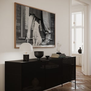 K&ouml;nnte beinhalten: Ein schwarzer Metallschrank mit einer Mesh-Front und zwei T&uuml;ren. Der Schrank steht auf einem Holzboden. Eine Lampe, eine Sch&uuml;ssel und ein Stapel B&uuml;cher stehen auf dem Schrank. Ein Schwarzwei&szlig;foto eines Paares und einer Katze h&auml;ngt an der Wand hinter dem Schrank.
