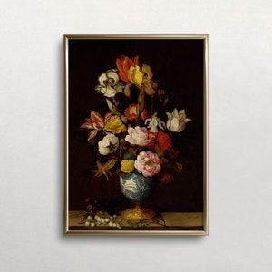 May include: A framed floral still life painting featuring a vibrant bouquet of flowers in a blue and white vase with a gold base. The flowers include irises, roses, and tulips in shades of red, yellow, and white. The background is a dark brown.