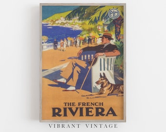 French Riviera Vintage Travel Poster, Man and Dog Art (Digital Download)