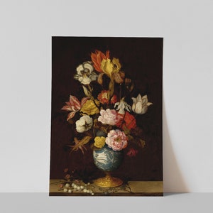 May include: A still life painting of a floral arrangement in a blue and gold vase. The bouquet features a variety of flowers in shades of white, pink, yellow, and orange against a dark background. A small sprig of white flowers is in the foreground.