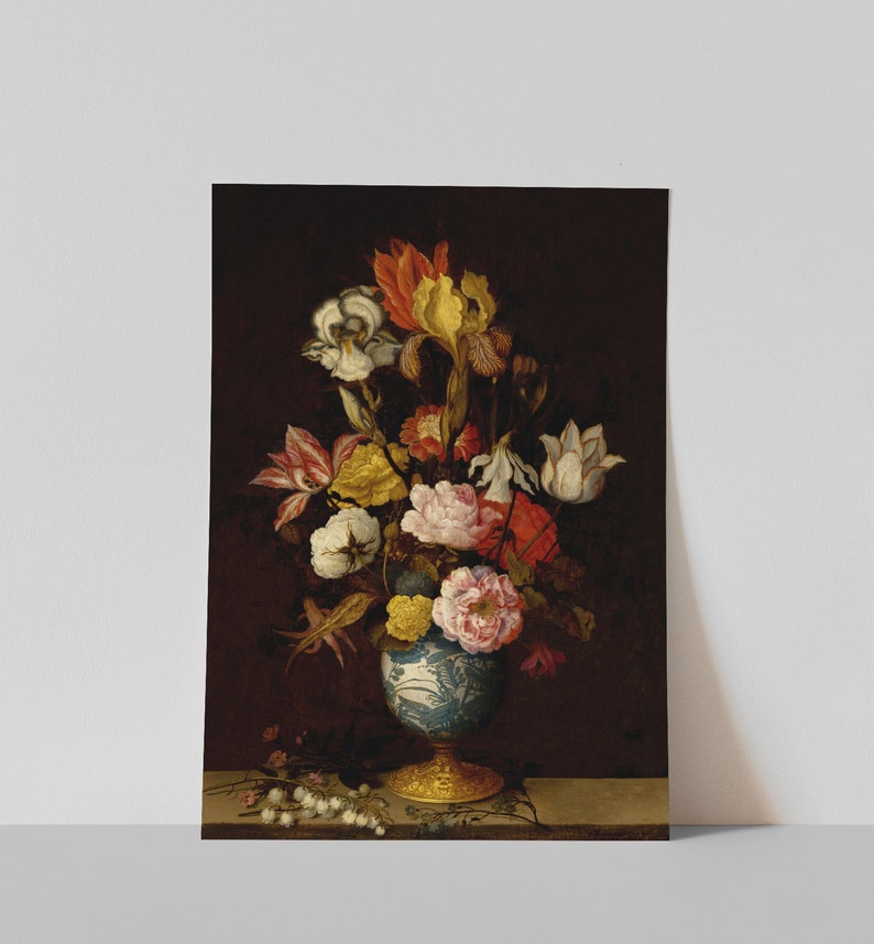 May include: A still life painting of a floral arrangement in a blue and gold vase. The bouquet features a variety of flowers in shades of white, pink, yellow, and orange against a dark background. A small sprig of white flowers is in the foreground.