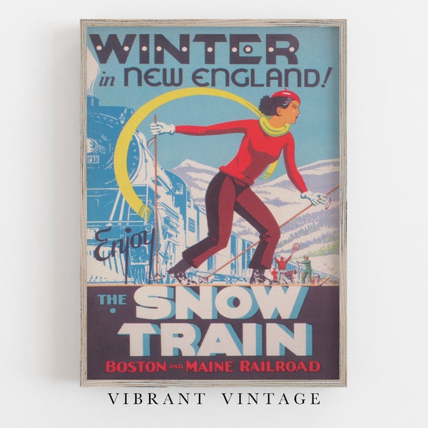 New England Wall Art, Vintage Ski Poster, Snow Train Print, Retro Wall Art, Winter Art, DIGITAL DOWNLOAD, PRINTABLE Wall Art, Large Wall Art