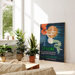 May include: Vintage poster advertising Spugne, a brand of sponges. The poster features a mermaid holding a large sponge, with the text "Spugne, Pesca Lavorazione Propria Esportazione Mondiale, Benedetto Brignone & Figli Venezia" in green and white.