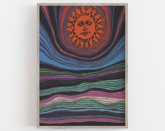 Arte de pared con sol retro: colores apagados, impresión bohemia celestial (descarga digital)