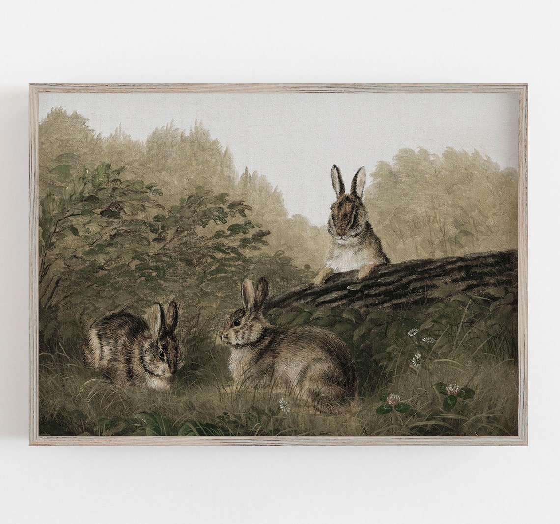 Rabbits Wall Art Vintage Painting Bunny Rabbit Print Etsy