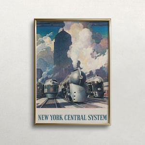 May include: A vintage poster advertising the New York Central System featuring three sleek, silver-grey locomotives with black accents. The trains are traveling through a city with a tall building in the background. The sky is a light blue with white clouds and smoke from the trains.