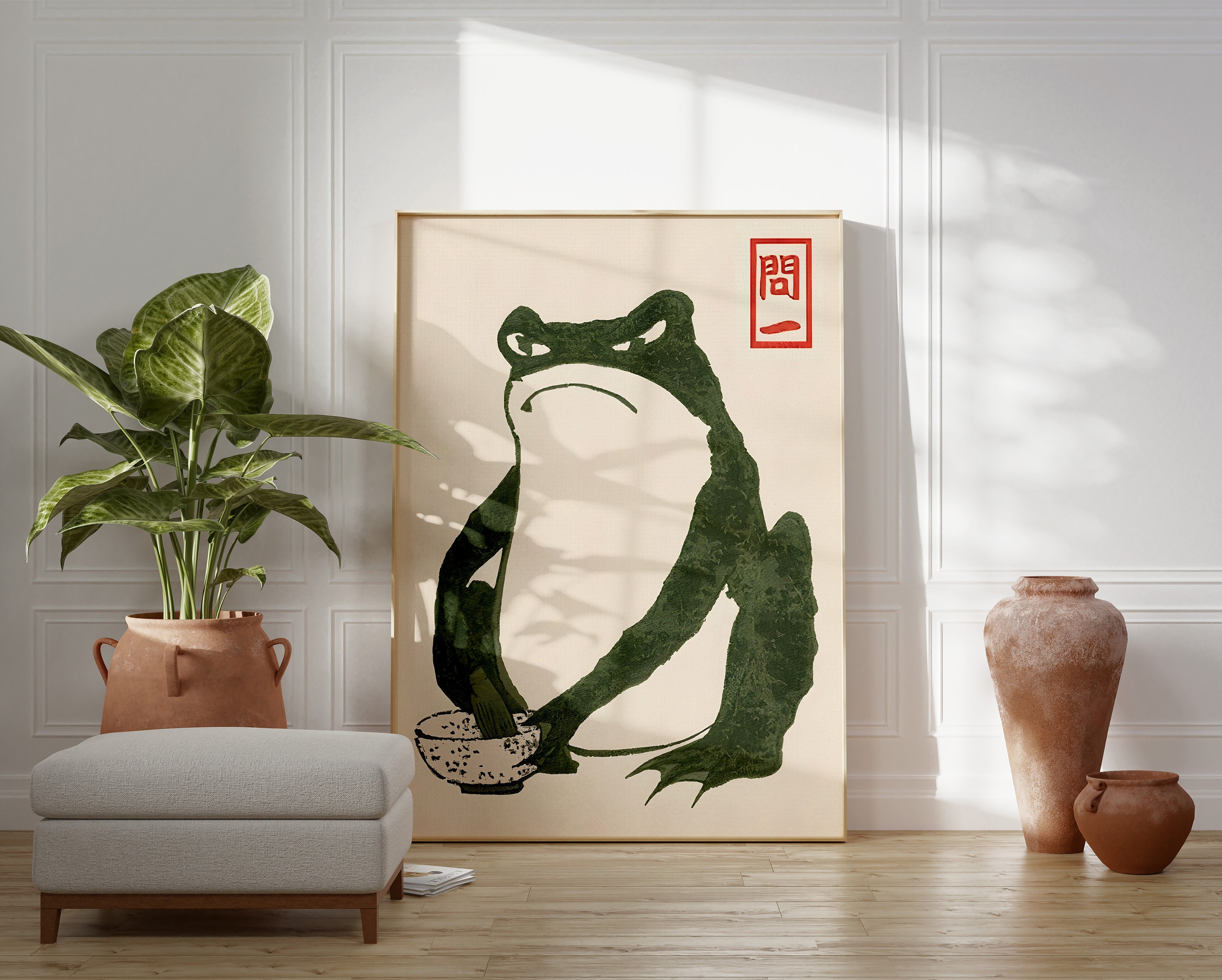 不機嫌なカエルの抹茶アート：ヴィンテージの日本の版画（デジタル