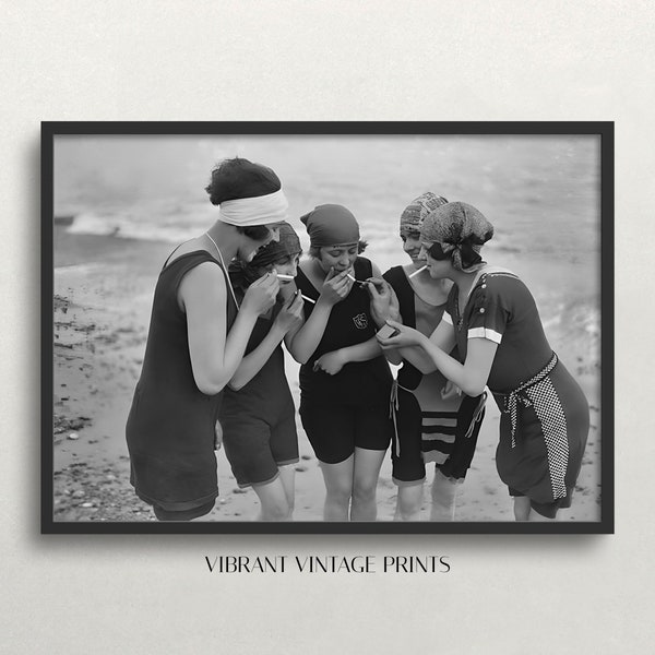 Girls Smoking on Beach, Black and White Art, Vintage Wall Art, Cigarette Smoking, Old Photo, Funny Art,DIGITAL DOWNLOAD, PRINTABLE Wall Art