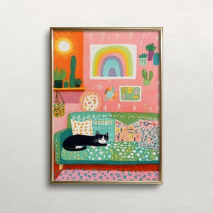 タキシード猫のウォールアート | ピンクのウォールアート | 緑のソファの猫 | カラフルなウォールアート | 緑のソファの黒猫 | ダウンロード | 印刷可能なウォールアート #613