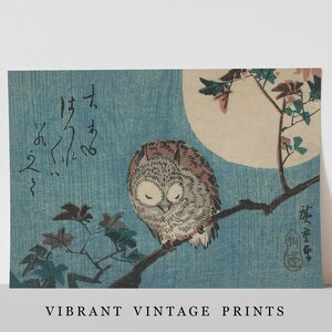 May include: A vintage Japanese woodblock print depicting an owl perched on a branch with a full moon in the background. The owl is brown and gray with its eyes closed. The print is on a blue background with a white moon and pink flowers.