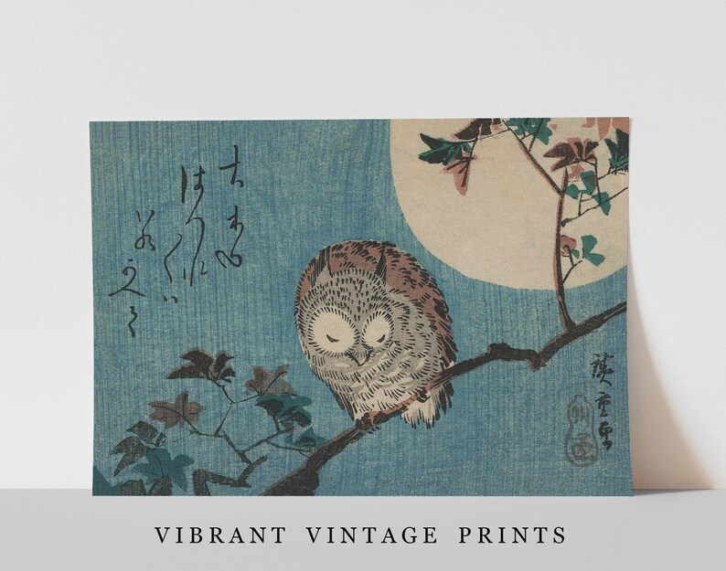 May include: A vintage Japanese woodblock print depicting an owl perched on a branch with a full moon in the background. The owl is brown and gray with its eyes closed. The print is on a blue background with a white moon and pink flowers.
