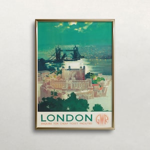 Cartel de viaje de Londres, Arte de pared vintage, Torre de Londres, Impresión vintage de Londres, Puente de la Torre, Arte de Inglaterra, DESCARGA digital, Arte IMPRIMIBLE