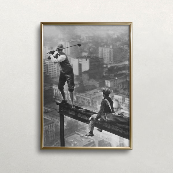 Golf on Skyscraper Beam, Golf Wall Art, Black and White Art, Vintage Wall Art, Funny Wall Art, Old Golf Photo, DOWNLOAD, PRINTABLE Wall Art