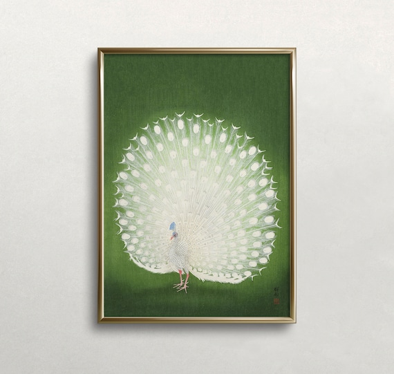 Vintage White Peacock Art Print: Japanese Wall Decor (Digital Download)