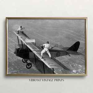 Tennis on Airplane, Black and White Art, Vintage Wall Art, Playing Tennis on Plane Wings, Vintage Sports Art, DIGITAL DOWNLOAD PRINTABLE Art