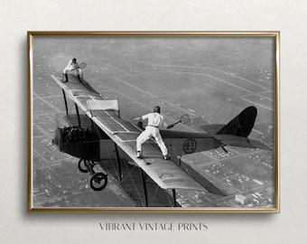Tennis on Airplane Print: Black and White Vintage Sports Art (Digital Download)