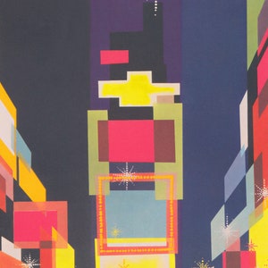 May include: A stylized illustration of a city skyline at night, with a large yellow sign and a red sign with a blue sign below it. The signs are surrounded by smaller, colorful geometric shapes.