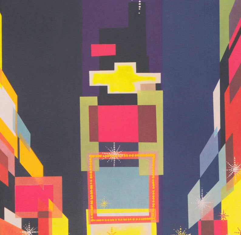 May include: A stylized illustration of a city skyline at night, with a large yellow sign and a red sign with a blue sign below it. The signs are surrounded by smaller, colorful geometric shapes.