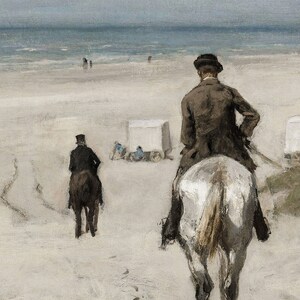 May include: An impressionistic painting of a beach scene. Two figures on horseback are seen from behind, riding along the sandy shore. The ocean and sky are visible in the background, with a muted color palette of grays and whites.