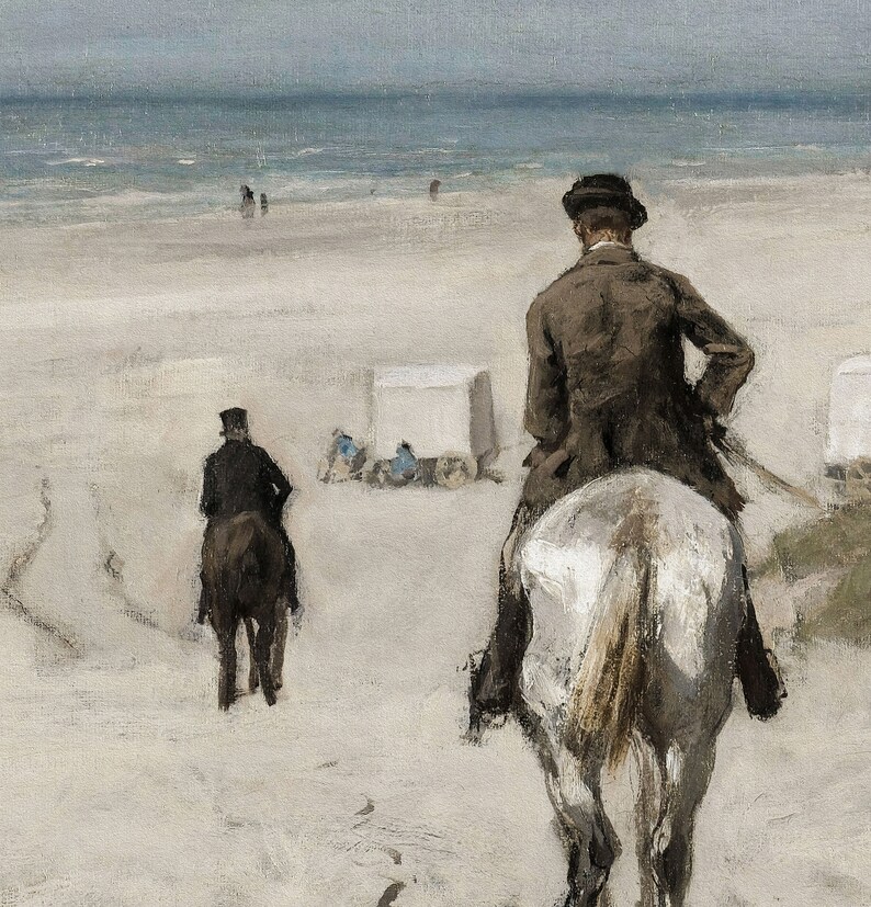 May include: An impressionistic painting of a beach scene. Two figures on horseback are seen from behind, riding along the sandy shore. The ocean and sky are visible in the background, with a muted color palette of grays and whites.