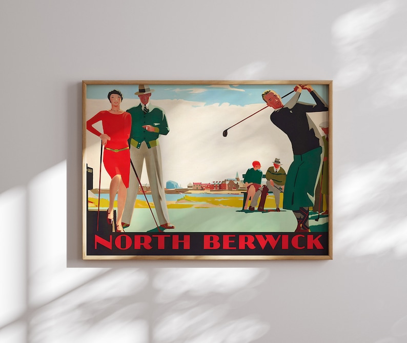 May include: Vintage golf-themed poster with a wooden frame. The artwork depicts a golfer mid-swing, a couple, and spectators. The text "NORTH BERWICK" is displayed in red on a black background. The color palette includes red, green, and beige.