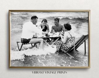 Vintage Beach Tea Party Old Photo: Black and White Surf Art (Digital Download)
