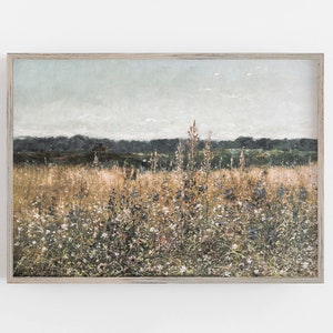Vintage Country Field Art Print: Muted Farmhouse Landscape (Digital Download)