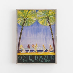 Cote d' Azur France Print, French Riviera, Vintage Travel Poster, Palm Trees Print, France Travel Poster, PRINTABLE Art, Large Wall Art