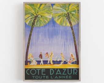 Cote d' Azur France Print, French Riviera, Vintage Travel Poster, Palm Trees Print, France Travel Poster, PRINTABLE Art, Large Wall Art