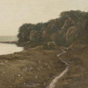 May include: An oil painting depicts a serene landscape with a path leading through a grassy area towards a line of trees. The color palette is dominated by muted browns, greens, and a soft, overcast sky, creating a tranquil atmosphere.