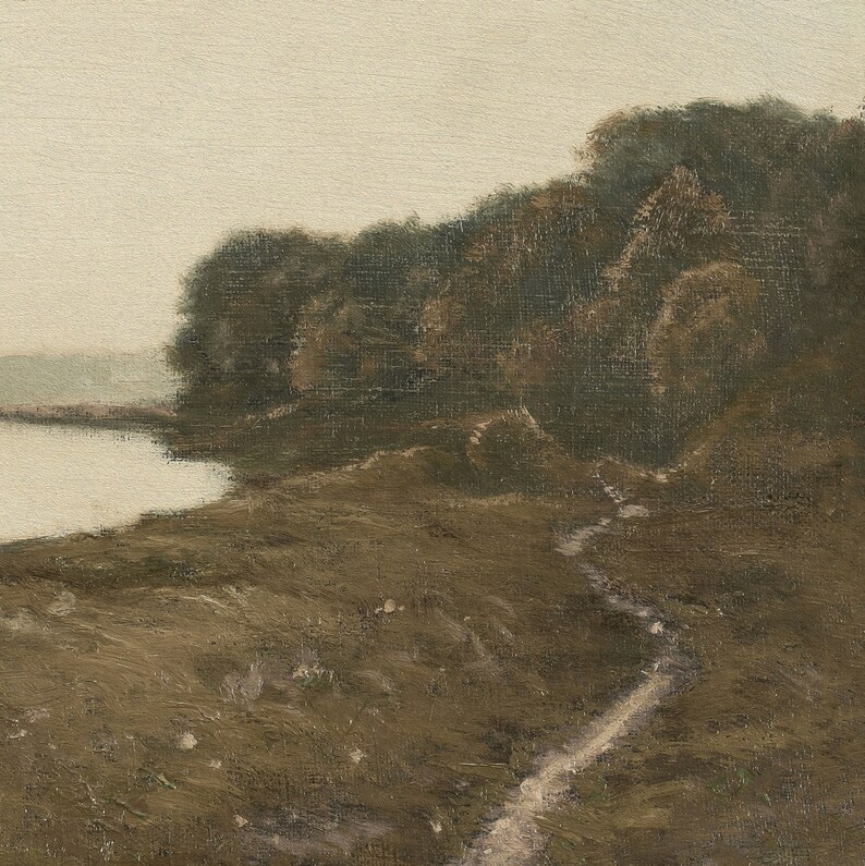 May include: An oil painting depicts a serene landscape with a path leading through a grassy area towards a line of trees. The color palette is dominated by muted browns, greens, and a soft, overcast sky, creating a tranquil atmosphere.