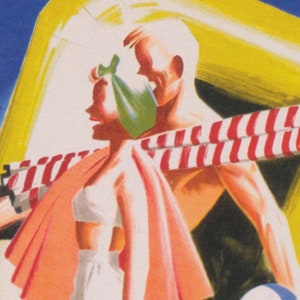 May include: Vintage illustration of a couple at the beach. The woman wears a white two-piece swimsuit and a coral-colored wrap. The man is behind her, holding a red and white striped beach towel. A green bag is on the woman's head.