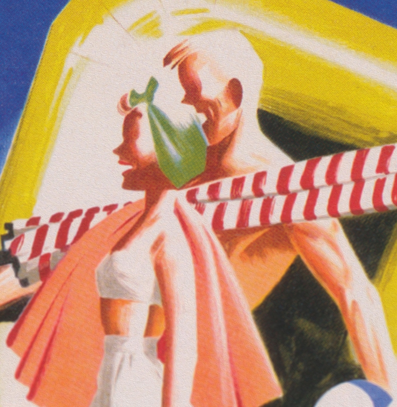 May include: Vintage illustration of a couple at the beach. The woman wears a white two-piece swimsuit and a coral-colored wrap. The man is behind her, holding a red and white striped beach towel. A green bag is on the woman's head.