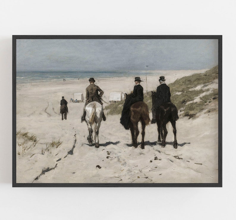 May include: An antique-style framed print depicts three people riding horses on a sandy beach. The riders are dressed in period clothing, with the ocean and a cloudy sky in the background. The artwork has a vintage aesthetic.