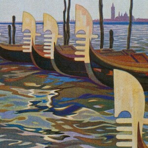 May include: An artistic depiction of gondolas docked in the water. The boats have a dark hull and a light-colored, stylized prow. The water reflects the sky and boats, with a distant cityscape in the background.