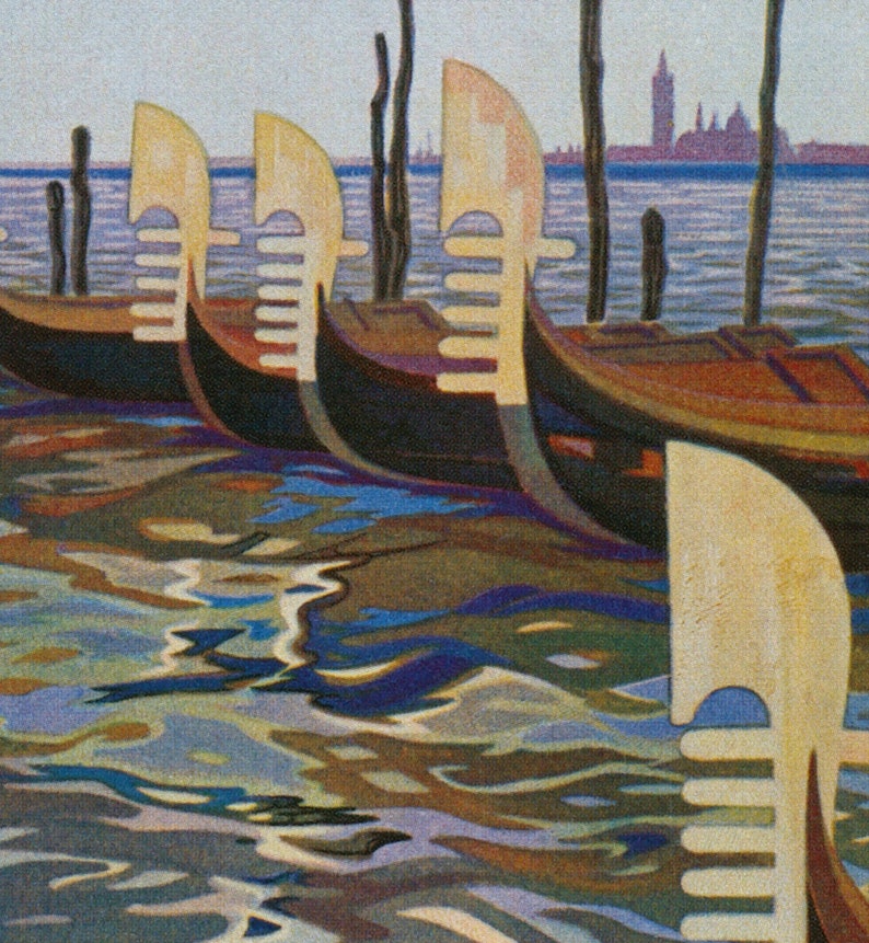 May include: An artistic depiction of gondolas docked in the water. The boats have a dark hull and a light-colored, stylized prow. The water reflects the sky and boats, with a distant cityscape in the background.