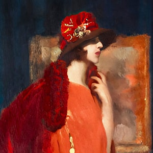 May include: A woman in a red dress and a red hat with floral embellishments. She is standing in front of a painting with a gold frame.