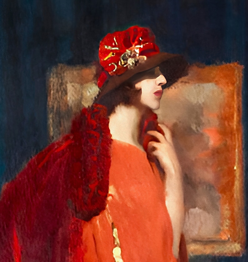 May include: A woman in a red dress and a red hat with floral embellishments. She is standing in front of a painting with a gold frame.