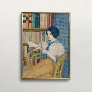 Vintage Frau liest Buch Druck: Bibliothek Wandkunst (Digitaler Download)