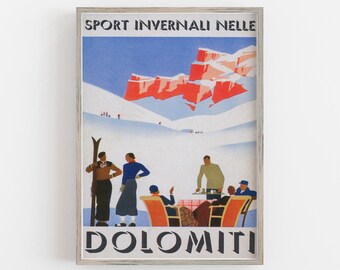 Poster Vintage Dolomiti Cortina D'Ampezzo Belluno Winter Olympics 1956 Ski