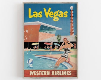 Op de afbeelding: Vintage reisposter voor Las Vegas met een vrouw in een gestreepte badpak bij een zwembad. De poster bevat de tekst "Las Vegas" in geel en "Western Airlines" in rood. De afbeelding heeft een retro esthetiek met een modern gebouw uit het midden van de eeuw en palmbomen.