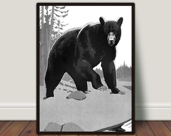 黒クマのウォールアート、白黒アート、クマのプリント、素朴な壁飾り、動物アート、ヴィンテージウォールアート、印刷可能なウォールアート、大型ウォールアート