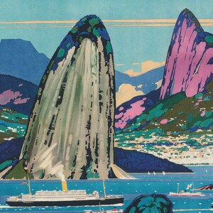 May include: A vintage travel poster featuring a large white cruise ship sailing past two towering rock formations, one gray and one pink, with a city in the background.