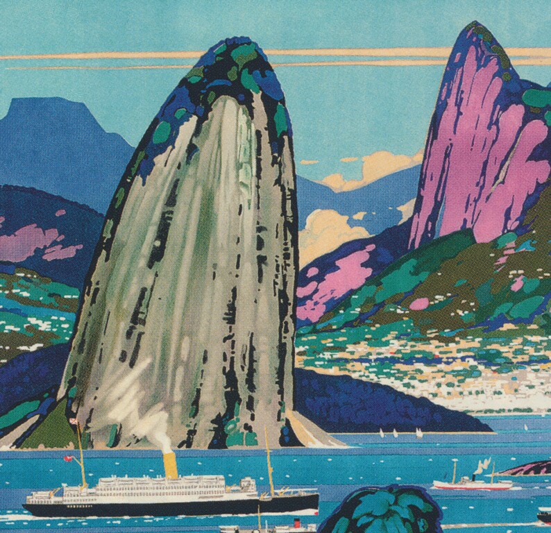 May include: A vintage travel poster featuring a large white cruise ship sailing past two towering rock formations, one gray and one pink, with a city in the background.