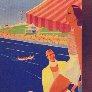 May include: Vintage illustration of a seaside scene. A woman in a striped top and white shorts stands near a red and white striped awning. A man in a yellow jacket and white scarf is nearby. A boat with passengers floats on the blue water.