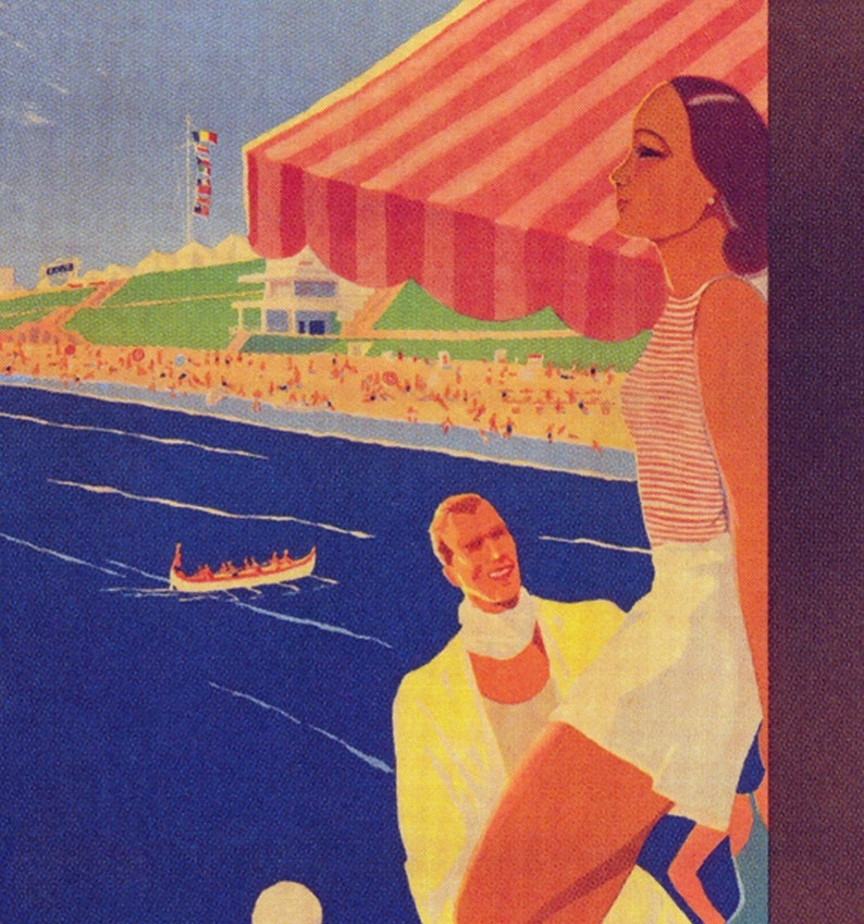 May include: Vintage illustration of a seaside scene. A woman in a striped top and white shorts stands near a red and white striped awning. A man in a yellow jacket and white scarf is nearby. A boat with passengers floats on the blue water.