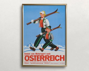 Plakat z motywem austriackich nart: Zimowa sztuka mamy i syna (do pobrania w wersji cyfrowej)