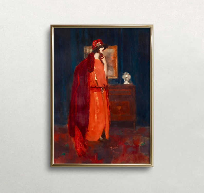 May include: A painting of a woman in a red dress and a red hat standing in a room with a dark blue wall and a wooden dresser. The woman is looking to the side and her hand is on her chin.