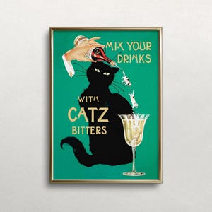 Catz Bitters Art, Vintage Beverage Poster, Black Cat Wall Art, Bar Cart Decor, Liquor, DIGITAL DOWNLOAD, PRINTABLE Wall Art