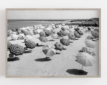 Vintage Beach Umbrellas Print: Black and White Coastal Wall Art (Digital Download)